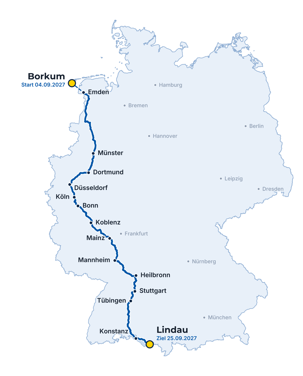 Karte der vorläufigen Route: Borkum – Emden – Münster – Dortmund – Düsseldorf – Köln – Bonn – Koblenz – Mainz – Mannheim – Heilbronn – Stuttgart – Tübingen – Konstanz – Lindau